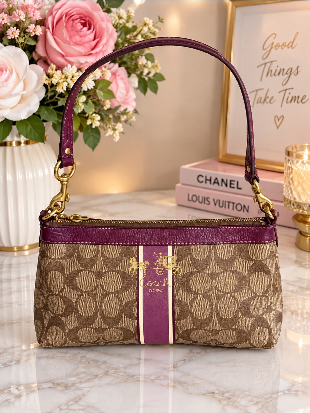 Coach Brown Signature Shoulder Bag with Plum Trim